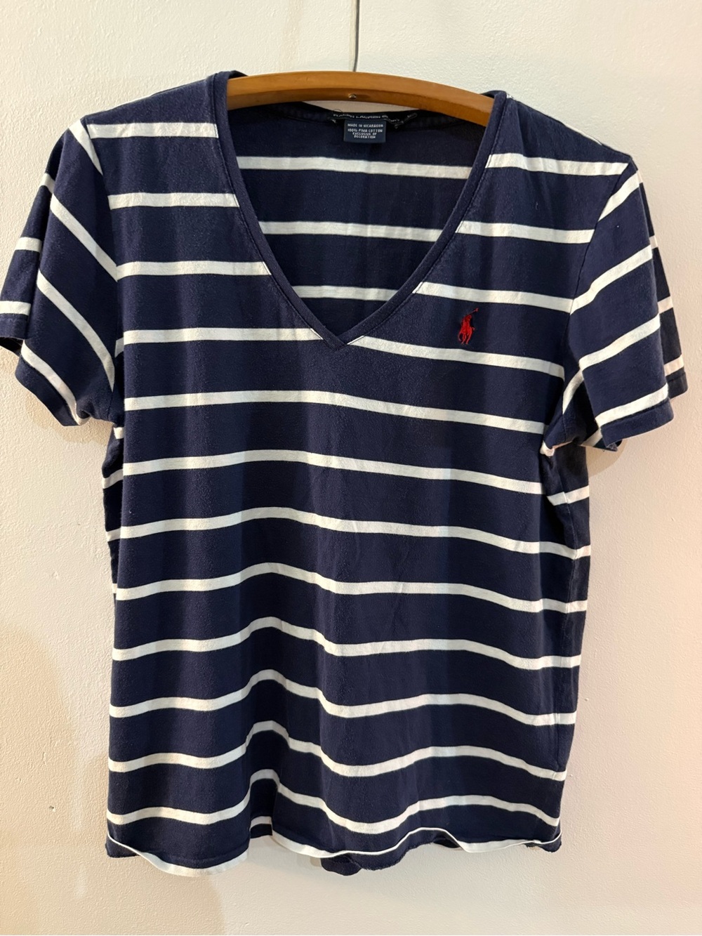 Ralph Lauren Sport Navy & White Striped V-Neck Tee - Red Pony